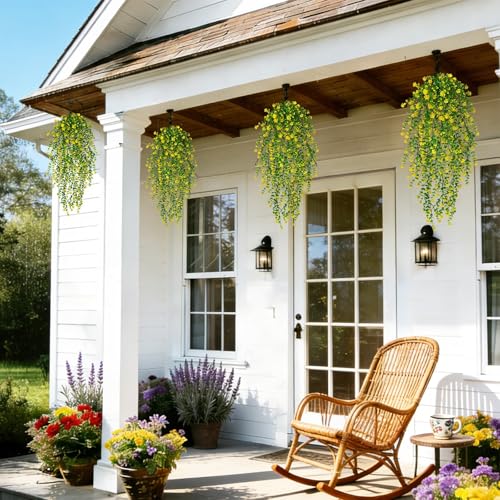 12 Pcs Outdoor Hanging Plants Artificial Hanging Flowers Yellow Faux Trailing Plants Fake Eucalyptus Greenery UV Resistant Plastic Plants for Indoor Outdoor Wall Garden Front Porch Home Decor - color: Yellow-12pcs