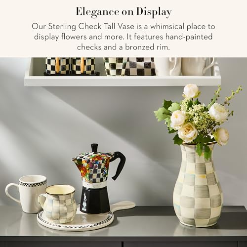 MACKENZIE-CHILDS Tall Enamel Vase, Unique Flower-Vase Decor for Living Room, Gray-and-White Sterling Check - color: Sterling Check