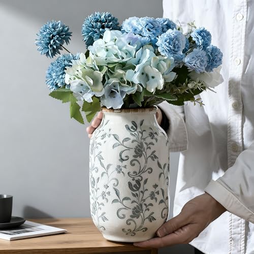 SIDUCAL Ceramic Vintage Vase, 8.78 Inch Chinoiserie Floral Vase, Retro Ice Cracked Rustic Farmhouse Vases for Home Decor, Living Room, Bookshelf, Office, Tuscan Decor, Gray Floral Pattern - color: 18049-gray