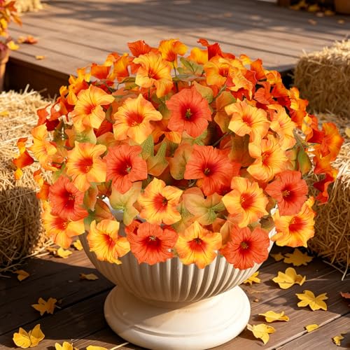 Artificial Fall Flowers for Outdoors, Faux Petunias Autumn Decoration, Fake Flowers Plants UV Resistant Look Real Silk Flowers for Outside Planter Front Door Porch Patio Yard (6, Orange-Yellow) - color: Orange-yellow