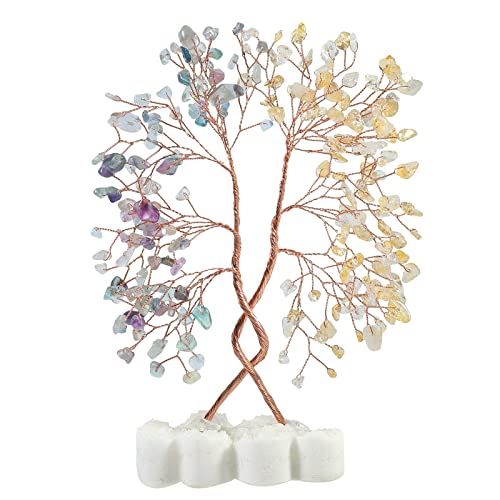 mookaitedecor Natural Citrine & Fluorite Crystal Tree with Double Heart Rock Quartz Crystal Cluster Stone Base Bonsai Money Tree of Life Home Wedding Decoration - color: Yellow & Multicolor