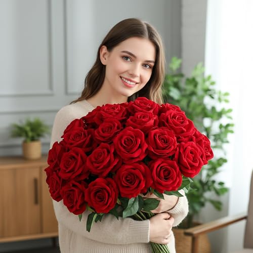 Red Artificial Roses Bulk,4in Large Fake Velvet Roses Faux Giant Flowers(50 - color: Red