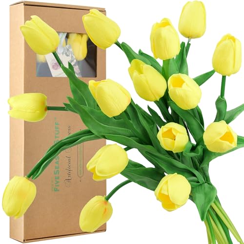 FiveSeasonStuff Real Touch Tulips Artificial Flowers – 15 Stems Faux Tulip Bouquet in Gift Box for Wedding, Home Decor, Party, Floral Arrangements (Candle Glow Yellow) - color: #12 Candle Glow Yellow