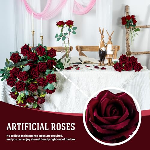 Ttranewsoo Fake Roses Faux Flowers Silk Roses Artificial Roses with Stems Realistic Artificial Flowers Suitable for Indoor Home Decoration Diy Bouquet Wedding Decor Party Decor 36PCS(16.5In,Black red) - color: Black Red 36pcs