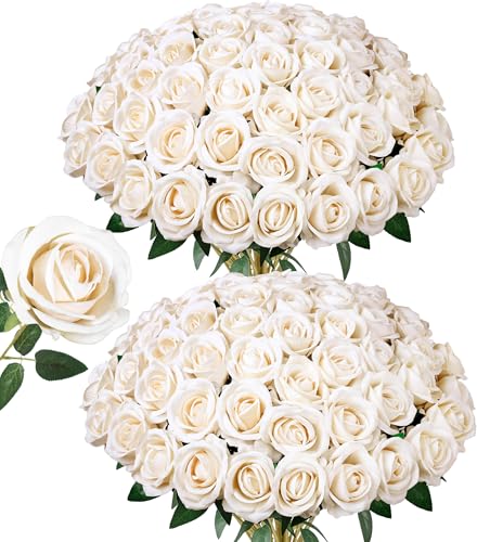 50 PCS Champagne Roses Artificial Flowers, Fake Roses with Stem Realistic Silk Rose for DIY Wedding Bouquets Table Centerpieces Arrangements Baby Shower Birthday Home Decor Valentines Day Gift for Her - color: Champagne