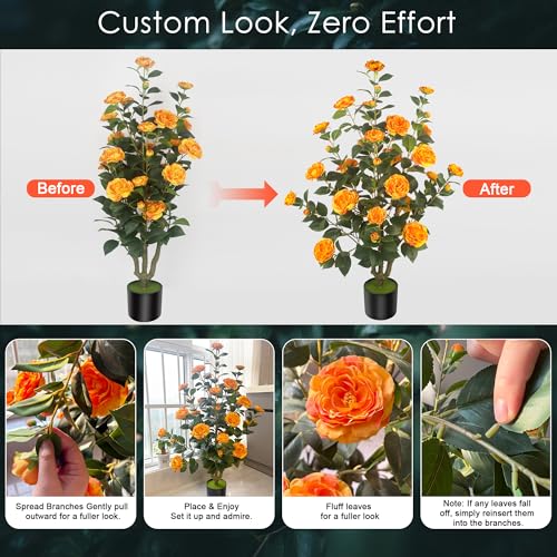 2Pack 39.37"/3.28FT Artificial Camellia Trees with 32 Flowers in Cement Pots – Lifelike Fake Trees for Front Porch, Home, Indoor Outdoor Spring Decor, Office or Housewarming Gifts (Orange) - color: Orange, size: 39.37 inchx2
