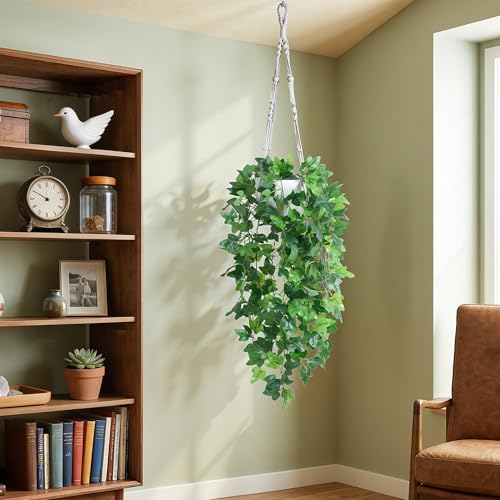 DREAMLOOM Fake Hanging Plants with Pot, Artificial Ivy Hanging Plants with Macrame Hanger for Indoor Decor, Fake Hanging Vines Faux Greenery for Home Kitchen Office - color: Ivy