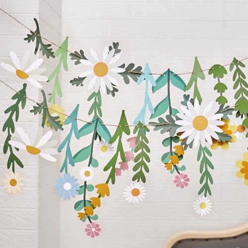 Daisy Flower Banner Wildflower Party Decorations Leaves Banner Paper Flower Garland Daisy Groovy for Wall Decoration Spring Baby Shower Wedding Backdrop Decorations - color: White, Yellow, Green, Pink