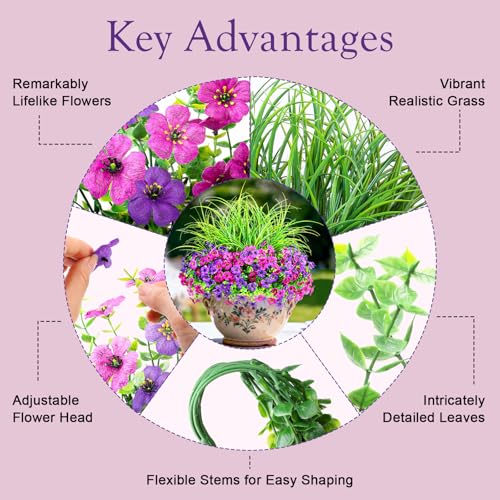 Artificial Flowers for Outdoors UV Resistant, 14 Bundles Fake Plants Realistic Silk Flowers with Faux Ferns for Outside Planters Home Porch Patio Garden Back Yard Spring Summer Decoration - color: Double Purple