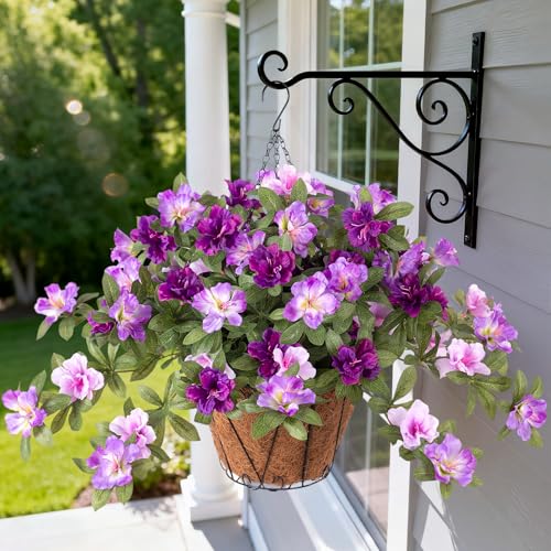 Ammyoo Artificial Hanging Flowers for Outdoors Hanging Baskets, 3 Pcs Fake Silk Flower with Hanging Baskets Planter for Spring Summer Garden Porch Patio Yard Outside Decor - color: X-deep-purple Light-purple Lotus With Basket