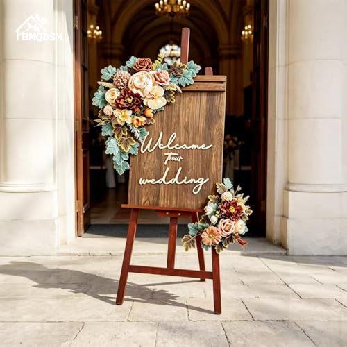 Wedding Welcome Signs Floral(Pack of 2)，Wedding Arch Flowers for Wedding Decorations and Reception Backdrop Decoration(New Coffee) - color: New Coffee
