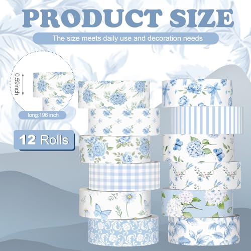 12 Rolls Watercolor Floral Washi Tape Set 15 mm Vintage Flower Decorative Masking Tape for Summer School Arts DIY Craft Scrapbook Journal Supplies Gifts(Blue,Rose) - color: Blue, style: Rose