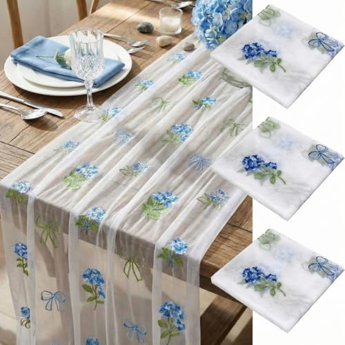 Mindsoft 3 Pcs Hydrangea Floral Table Runner 10ft Gauze Embroidery Blue Hydrangea Decor Flower Spring Summer Tulle Lace Table Runner for Wedding Bridal Baby Shower Holiday Dining Decor DIY - style: Hydrangea