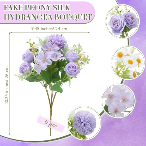 Tigeen 6 Bundles Artificial Bouquet Flowers Artificial Peonies Faux Roses Hydrangea Flowers Bouquet for Wedding Table Centerpiece Floral Vase Decor (Pink,Purple) - color: Pink,purple