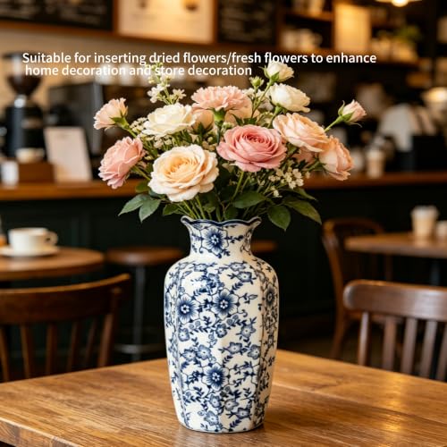WF Chinese Porcelain Blue and White Vase, Hand-Painted Ceramic Floor Vase for Home Decor, Traditional Oriental Shelf Decor Collectible Figurines (Height: 10")