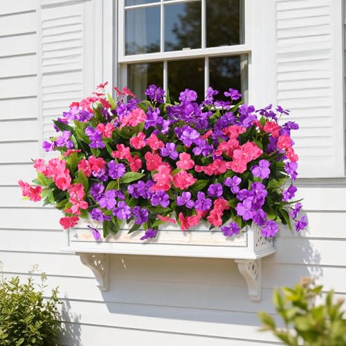 Artificial Impatiens Flowers for Outdoors, 6 Bundles Silk Fake Flowers for Spring Summer Decoration, UV Resistant Faux Plants Plastic Bouquet for Home Planter Porch Patio Yard Decor(Purple Rose Red) - color: Purple,rose Red