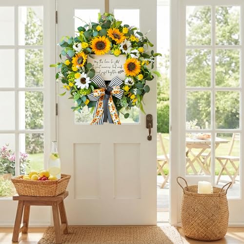 Spring Wreaths for Front Door 24 Inch Handmade Spring Summer Wreath with Artificial Sunflowers,Welcome Message Sign & Elegant Bow and White Yellow Daisy Wildflowers for Home,Porch&Gift Giving - color: Sunflower