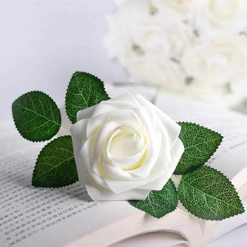 Artificial Ivory Foam Roses with Stems & Leaves - Pack of 50, Perfect for Wedding Centerpieces, Event Decor, DIY Bouquets, and More - color: Ivory