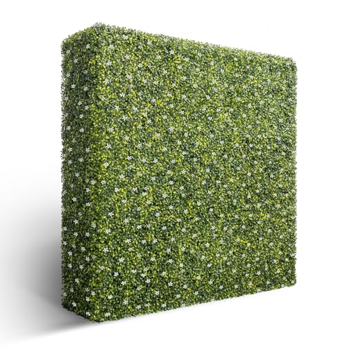 Bynbbur Artificial Hedge Wall 18" Lx72 Hx6 W Boxwood Hedges Outdoor Patio Greenery Walls, Fake Grass Privacy Wall Screens, Office Living Room Divider, Wedding Party Décor (with White Flower) - color: Green with White Flower, size: 18"Lx72"Hx6"W