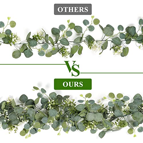 TOCHGREEN 2 PCS Artificial Eucalyptus Garland 5.9FT Faux Silver Dollar Greenery Garland Vines with White Flower Boxwood Fake Hanging Plants for Wedding Home Party Table Mantle Wall Decor - color: 2pcs