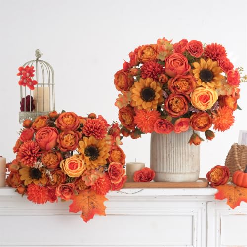 8 Pcs Mixed Autumn Artificial Peony Flower Set-4 Bouquets & 4 Stems, Orange Yellow Fake Peony Sunflower Rose Silk Flower for Fall Table Centerpiece Farm Wedding Thanksgiving Halloween Home Decor - color: Orange & Yellow, size: Mixed 8pcs