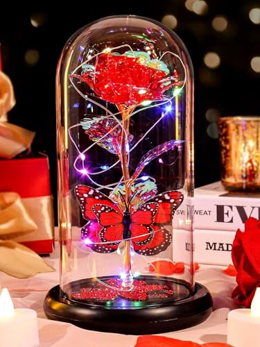 Gifts for Mom Birthday Gifts for Women Red Rose Eternal Flower Light Up Rose in Glass Dome with Butterfly, Galaxy Crystal Flowers Gifts for Grandma Wife Daughter Her Delivery Prime - color: Rose Red