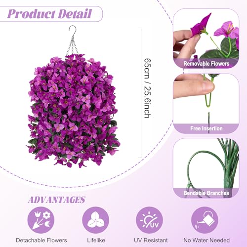 Artificial Fake Hanging Flowers with Basket for Outdoors Decoration, 3PCS Faux Flowers for Outdoor Planters UV Resistant No Fade Silk Bougainvillea for Home Porch Patio Garden Balcony Yard Decor - color: Double Lotus With Basket