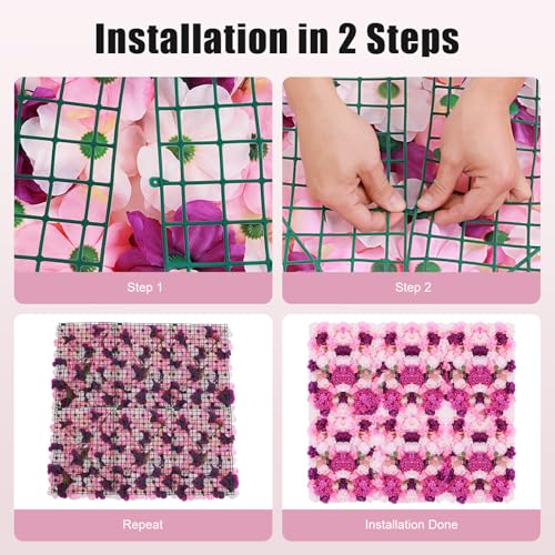 Flower Wall Backdrop 6-Panel Set, 3D Artificial Silk Flower Panels with Dahlia, Hydrangea & Eucalyptus - Pink Purple Flower Wall for Wedding Backdrop, Party Decor - color: Pink, Purple