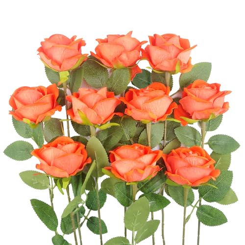 Kenpal Realistic Fake Roses Artificial Flowers with Stem for Decoration Floral Arrangement Centerpieces Wedding Bouquets (10, Orange) - color: Orange