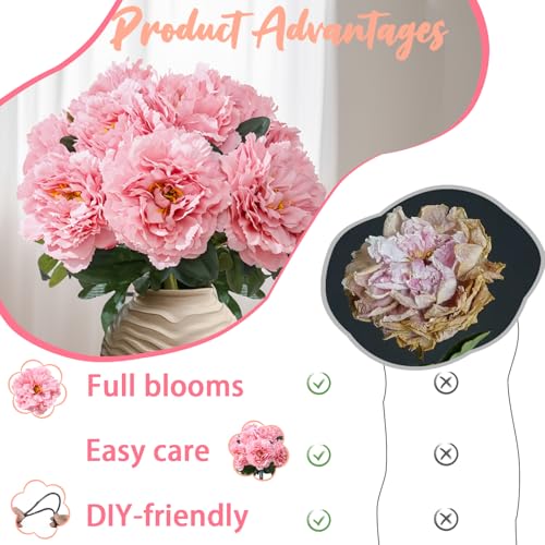 Deep Pink Premium Silk Artificial Peonies, 2 Bouquets (10 Large 5.12" Heads), 13.78" Tall Fake Floral Arrangements for Wedding Centerpieces, Home Decor & Indoor Vase Display - color: Deep Pink New