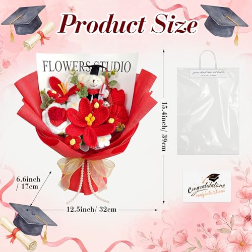 Giegxin Large Graduation Bear Flower Bouquet Set 2026 Crochet Graduation Bouquet Gift Hand Knitted Tulip Daisy Sunflower Rose Bouquets Greeting Card Gift Bag for Wedding Birthday Party Favors(Red) - color: Red