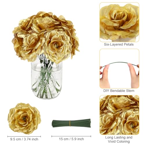 LELEE Rose Head Flowers with Stem - 108pcs Gold Rose Artificial Flowers Bulk - 3.1'' Silk Roses Fake Flower for Wedding Bouquet Party Home Decor DIY Baby Shower Centerpieces Tables Decoration - color: Gold