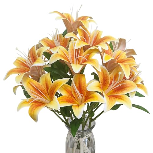 Artificial Lily Flowers,6 Pcs Faux Lily Flowers,23 Inch Long Stem Tiger Lily Branch with 3 Full Blooms and 4 Leaves, Latex Real Touch Lilium Flower for Wedding Bouquet (6, deep Orange) - color: Deep Orange