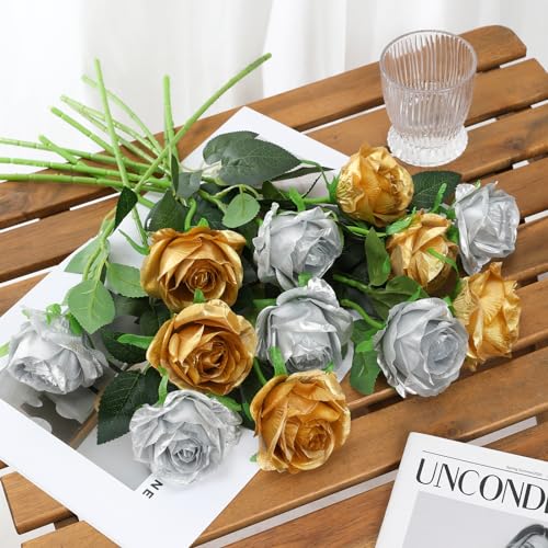 Tifuly Roses Artificial Flowers - 12 pcs Realistic Long Stems Fake Roses Mashup Style Silk Flowers for DIY Bouquets Wedding Centerpieces Arrangements Home Party Decor（Gold & Sliver） - color: Gold & Silver