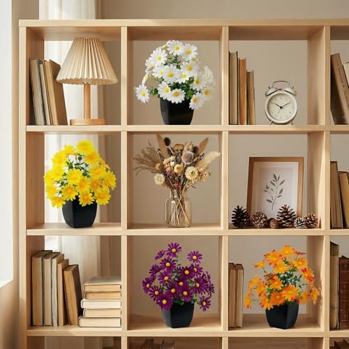 LOYWREE 4 Pack Small Faux Plants Spring Artificial Daisy Flowers Fake Plants Indoor Bathroom Accessories for Home Room Office Desk Decor(Black Square Pot) - color: Mums, size: Black Pot