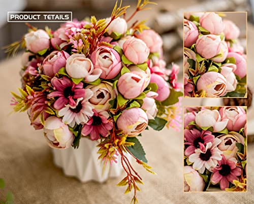 TKAS Artificial Flowers Fake Flowers Silk Rose Bouquets Decoration with Ceramics Vase for Table Home Office Wedding (Pink Bud) - color: Pink Bud
