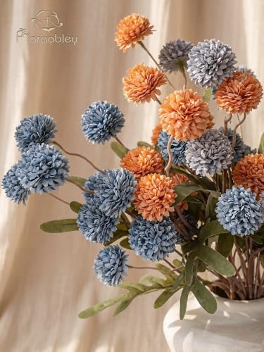 9pcs Fake Flowers Silk Mini Mums with Stems, Blue & Orange Faux Chrysanthemum Pompon Balls Artificial Flower Bulk for DIY Wedding Centerpieces, Vase Fillers, Floral Arrangement & Home Decor - color: Dusty Blue & Burnt Orange