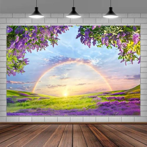 5 X 3ft Lavender Flower Field Backdrop Photography backdrops Purple Flower Lavender Green Grass Lilac Flowers Sunset Sky Rainbow Party Background Photography Studio Backdrop - size: 5x3ft