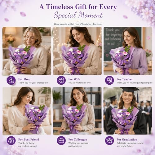 Crochet flowers Elegant purple handmade Lily flower crochet bouquet for Wife Mother Crochet Roses Flower for Mother's Day,Lover Anniversary,Birthday Gift ,Wedding Graduation Gifts home Decor(purple) - color: Purple