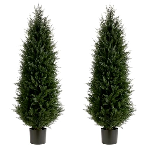 Artificial Topiary Tree Set of 2 Artificial Cedar Trees 4FT Uv Resistant Pine Potted Artificial Plants Outdoor Realistic Fake Plants Front Porch Decor Indoor Faux Cypress Trees