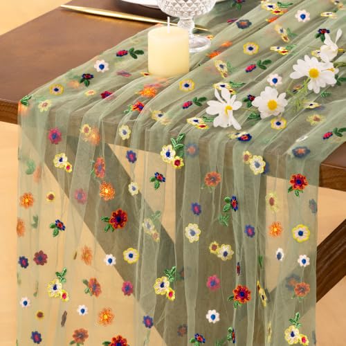 Socomi Flower Table Runner Summer Daisy Floral Tulle Gauze Cheesecloth Embroidery Table Runners for Tea Party Garden Wedding Bridal Baby Shower Birthday Picnic Decor Sage 1pc - color: Daisy Sage, size: 10ft X 1pc