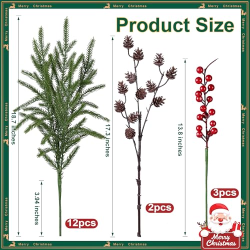 Artificial Christmas Norfolk Pine Stems Branches for Vases,17 Bundles Faux Pine Branches with Pinecones and Red Berries Branches,Fake Greenery Evergreen Real Touch for Holiday Winter Table Xmas Décor - color: Red Berries+small Pinecones