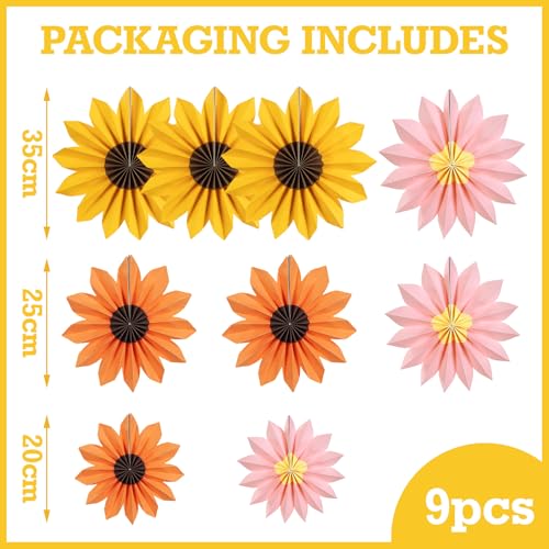 PAPER JAZZ Sunflower Party Decorations: 9 Sunflower Paper Fans & Flower Garlands, Summer Orange Pink Sunflowers, Wedding & Baby Shower Decor - color: Sunflowers