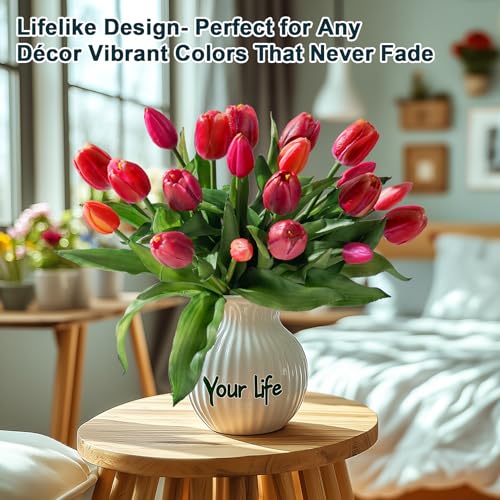 Bailikang 20PCS Fake Tulips Artificial Tulip Silk Flowers Fake PU Bouquet Artificial Flowers Faux Flowers with Gift Box Soft Faux Tulips Bouquets Arrangements for Party Wedding Home - color: Red