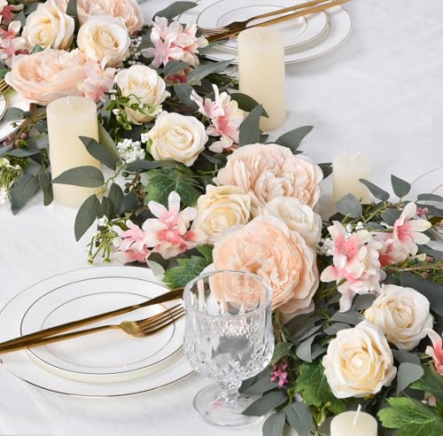 DearHouse 2Pack Artificial Peony Flower Garland - 6ft/Strand Silk Peony Flower Greenery Garland with Fake Willow Leaves for Wedding Ceremony Backdrop Party Table Centerpieces Decor(Champagne) - color: Champagne