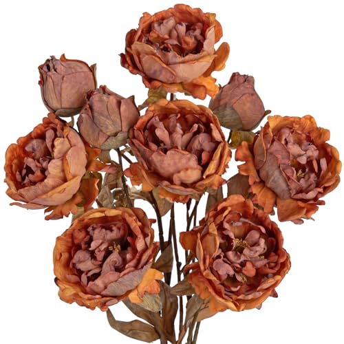 Briful Artificial Dried Look Fall Peony Flowers 3PCS 27.5in Tall Burnt Orange Vintage Silk Peony Bouquet Realistic Fake Peonies Floral Stems for Autumn Home Wedding Vase Centerpiece Arrangement Decor - color: Burnt Orange