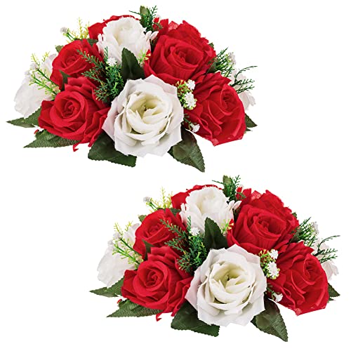 NUPTIO Flower Balls Centerpieces for Tables: Red White Fake Roses | 2 Pcs Artificial Flower Arrangements for Wedding Party Christmas Decorations - color: Red & White, size: 2 Pcs