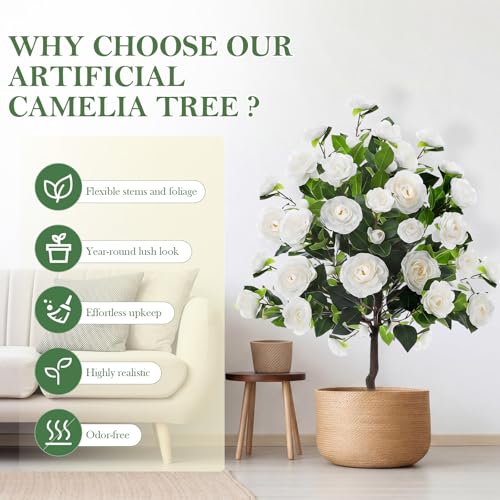 Lunmon 2 Pack 4ft Artificial Camellia Plants Tree Without Vase 48" Faux Camellia Flower with Spike UV Resistant Realistic Fake Floral Blooming Bush for Outdoor Front Door Porch Backyard Garden, White - color: White, size: 4 ft