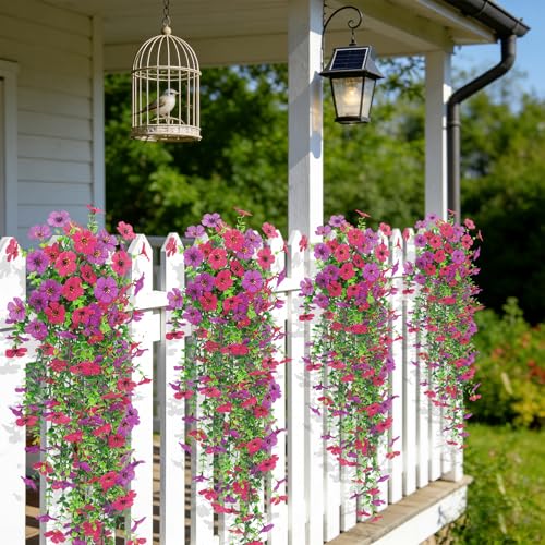 4 Pcs Artificial Hanging Flowers for Outdoor, Fake Silk Daisy Flowers Spring Summer Decoration UV Resistant Faux Plants for Planter Front Door Porch Patio Balcony Yard Decor, Purple Fuchsia - color: Purlple Fuchsia