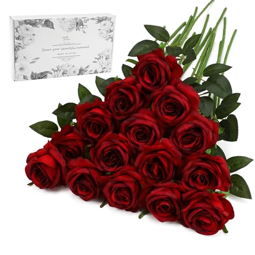 Burgundy Fake Roses Artificial Flowers - 16 Pcs Fake Artificial Roses Silk Flowers with Stems for Home Wedding Hotel Office Centerpiece Decor（Burgundy） - color: Burgundy, size: 16 Pcs